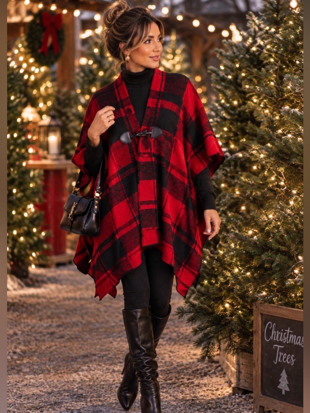 Tommy Hilfiger Chic Red and Black Plaid Poncho toggle closure.